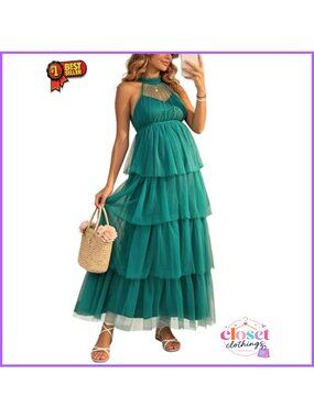 Halter Tulle Tiered Maternity Maxi Dress Baby Shower Gown